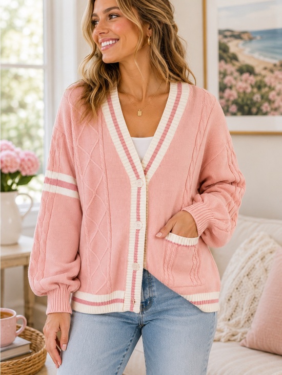 Unbranded Sweaters - NWT Pink Cable Knit Varsity Cardigan | Oversized Preppy Cottagecore Sweater